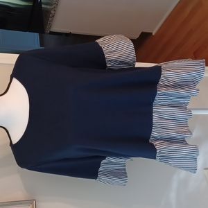 Pleione Navy & White Stripe Peplum Ruffle Top M